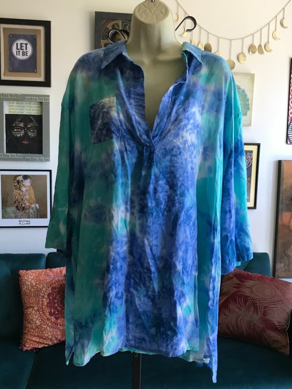 EKOUAER size XXXL Blue & Green Tie Dye 3/4 Sleeve Artsy Tunic Top